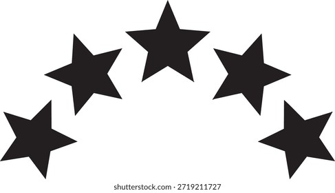 Grupo de cinco siluetas de estrellas negras dispuestas en una formación de arco aislado en el símbolo de fondo blanco para cinco estrellas de calificación y excelencia