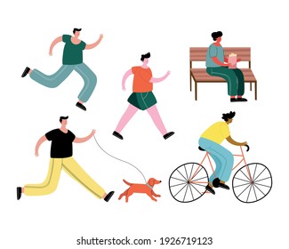 group of five boys practicing activities characters vector illustration design