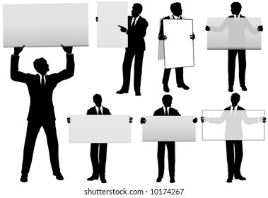 Group of Five Business Men hold copyspace background signs, in a total of 7 versions, some signs translucent. svg