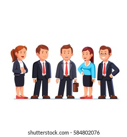 Group of five business people standing in suits. Man and woman executive managers team gathered around their leader. Modern flat style vector illustration isolated on white background.