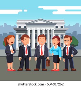 Group of five business people standing in front of bank, court house, or governmental institution with white columns. Man & woman managers team gathered around leader. Flat style vector illustration.