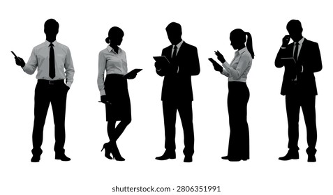 A group of five business professionals in various poses, using smartphones and tablets, depicted in black silhouette against a clean white background, conveying a sense of modern office life and techn