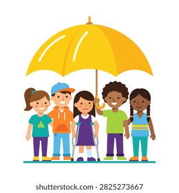 A group of five children of different ethnicities and abilities stand together under a large yellow umbrella, symbolizing protection and inclusion.