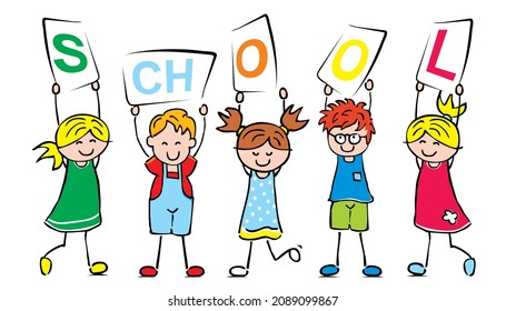 Grupo de cinco niños, graciosa ilustración vectorial. Niñas y niños sosteniendo pancartas con escuela de texto.