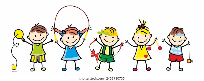 Group of five children, girls and boys, games, sport activity, paddle ball uno, tap ball touch, jump rope, diabolo, lato, yo yo, vector illustration
