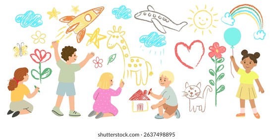 A group of five children joyfully draw with colorful chalk on a pavement in a park. They create various designs, including animals, flowers, and stars under a clear blue sky.