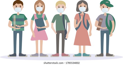 A group of five children wearing medical masks. For protection against viral diseases, environmental and air pollution.  Illustration of flat vectors. Notion of social distance and health preservation