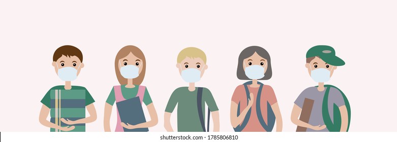 A group of five children wearing medical masks. For protection against viral diseases, environmental and air pollution.  Illustration of flat vectors. Notion of social distance and health preservation