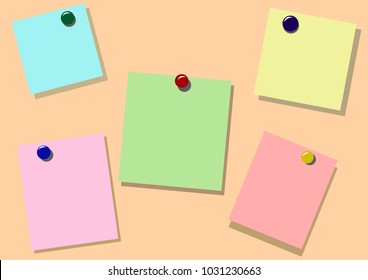 group of five colorful empty blank sticky memo notes.