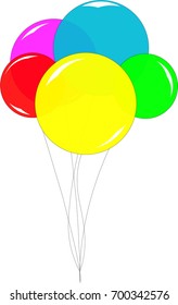 A group of five colorful, shiny balloons with strings attached.