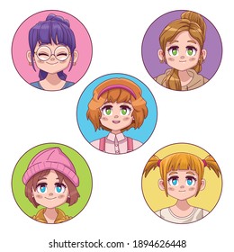 group of five cute girls manga anime vector illustration design