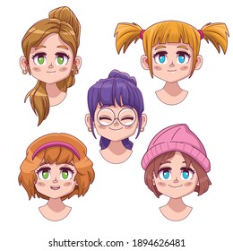 Group Of Five Cute Girls Manga Anime Characters Vector Illustration Design