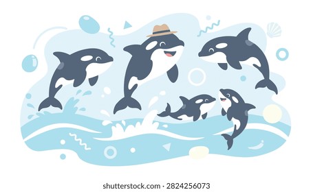 Group of five cute orcas swimming in the ocean with one wearing a hat.