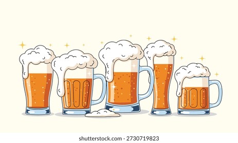 Group of five different beer glasses filled with golden amber liquid and topped with thick white frothy foam and sparkling star details.