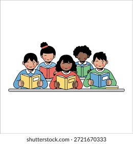 Gruppe von fünf verschiedenen Kindern, die Bücher an einem Tisch lesen Schlüsselwörter: Kinder, Lesen, Bücher