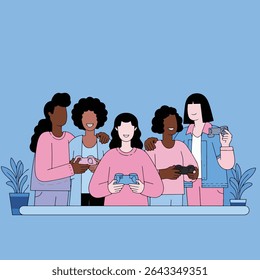 A group of five diverse friends are happily playing video games together, holding controllers and smiling on a light blue background.
