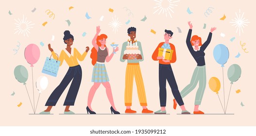 Group of five diverse happy friends celebrating and partying with balloons, drinks, cake and gifts. People raising hands celebrating holiday with confetti. Colored flat cartoon vector illustration