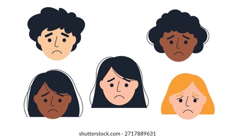 Grupo de cinco rostros humanos diversos con expresiones tristes, que representan emociones, conciencia de salud mental y empatía compartida.