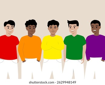 Group of five diverse men standing together, each wearing colorful shirt and white pants, smiling and expressing friendship and unity in casual indoor setting