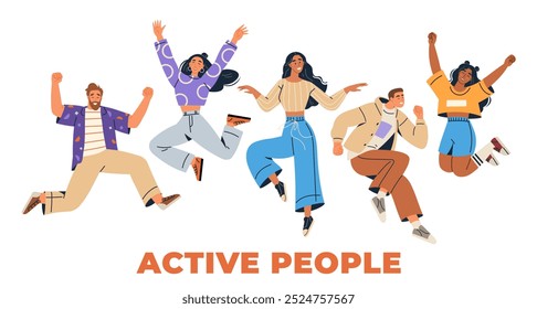 A group of five diverse people jumping in joy. Ideal for themes of celebration, diversity, unity, energy, and positivity. Modern, vibrant, dynamic