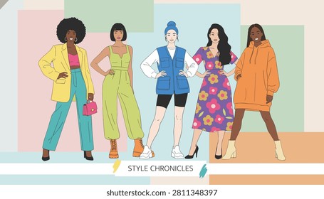 Group of five diverse young women showing different stylish outfits on a geometric background with style chronicles text.