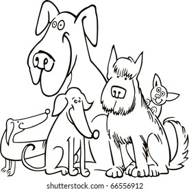 group of five dogs illustration for coloring book