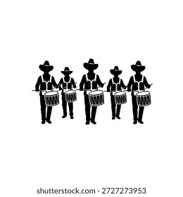 A group of five drummers in silhouette, wearing hats and playing drums, marching in a line.