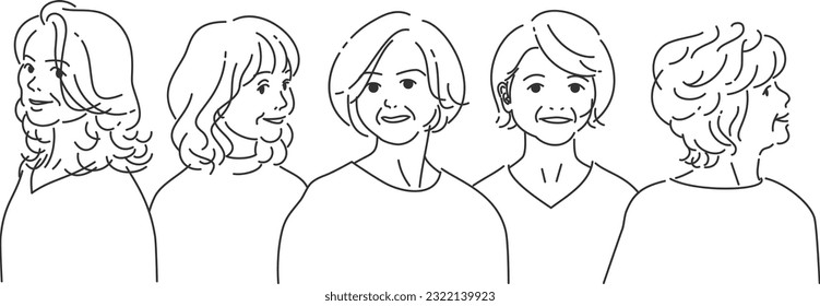 Group of five elderly women in line drawing with transparent background