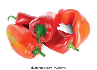 Group of five fresh juicy red peppers on a white background. (Used mesh tool).