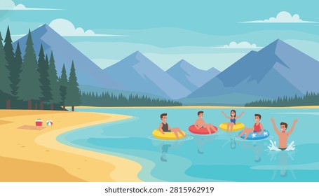 Group of five friends relaxing on inflatable tubes in a lake surrounded by mountains and a forest under a bright sky.
