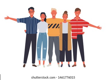 Group of five happy friends, boys and girls, hugging each other on a white background.Vector illustration in a flat style