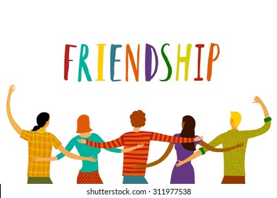 Group of five happy friends, boys and girls, hugging each other. Friendship title. Cartoon hand drawn illustration for your design.