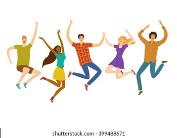 Group of five happy friends, boys and girls, jumping together. Cartoon hand drawn illustration for your design.