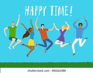 Group of five happy friends, boys and girls, jumping together on blue sky background. Happy time title. Cartoon hand drawn illustration for your design.