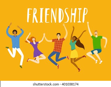 Group of five happy friends, boys and girls, jumping together on bright background. Friendship title. Cartoon hand drawn illustration for your design.