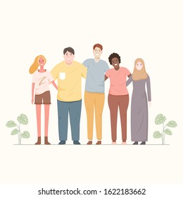 Group of five happy friends. Males and Females hugging together. Flat cartoon characters design. Teen Friendship concept.