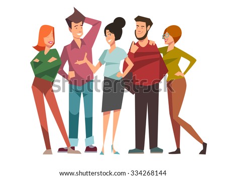 Group of five happy talking friends