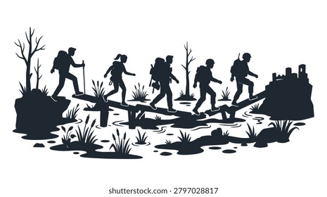 A group of five hikers with backpacks walking in a line across a narrow wooden log bridge over a marshy area