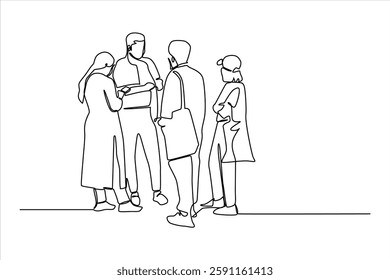 Group of five individuals engaged in discussion, standing in a minimalist setting