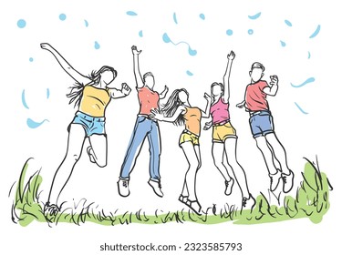 Group of five male and female friends jumping in the air in a field, freedom, enjoying the moment