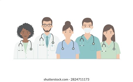 Group of five medical professionals including doctors and nurses wearing stethoscopes and scrubs stand in a row.