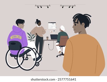 A group of five office professionals engage in brainstorming different strategies, One person utilizes a wheelchair, emphasizing teamwork and inclusivity in their innovative space
