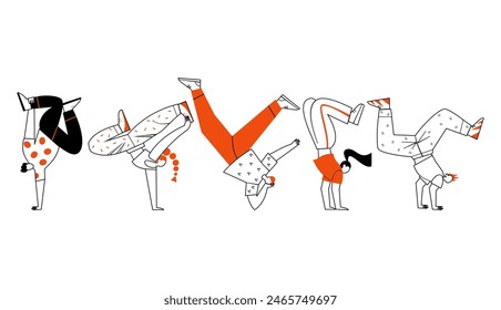 Grupo de cinco personas breakdance. Vector dibujado a mano ilustración.