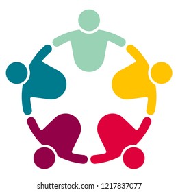 Group of five people in a circle.Teamwork meeting.people are meeting in the room.