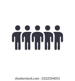 Group of five people icon. Simple black silhouette icon depicting five individuals standing in a line, symbolizing teamwork, community, or togetherness.