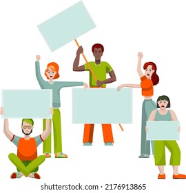  Group of five people protest in flat style with blank posters isolated on white background.