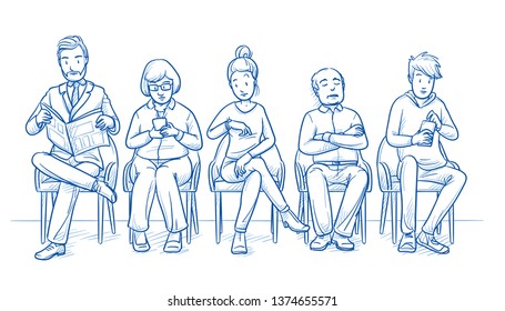 Group of five people sitting in a full waiting room. No chairs are empty. Hand drawn line art cartoon vector illustration.