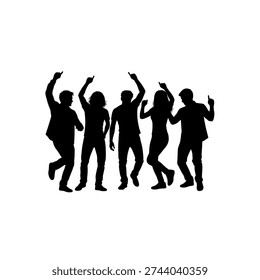 A group of five people, three men and two women, are shown in silhouette, actively dancing with raised arms and energetic poses, suggesting a lively party or celebration.