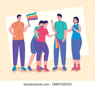 grupo de cinco personas con indicadores lgtbi caracteres diseño de ilustración vectorial