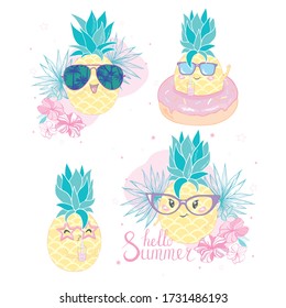 Group of five pineapples wearing different styles of sunglasses